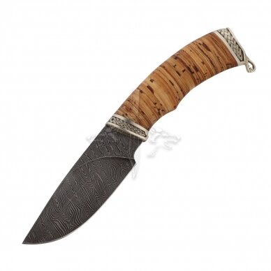 Skinning knife BLOOD_2; Damascus steel, birch bark, neusilber