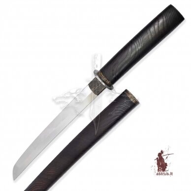 Japanese WAKIZASHI; forged hardened 95X18 steel, crosscut ash, tsuba titanium, brass