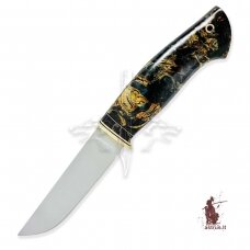 Handmade knife "ОМах eXtra"[16] 95X18 stainless forged steel; maple burl stabilized +pigment(azure dragon), brass