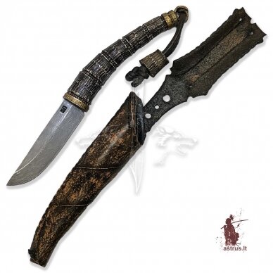 Knife ANGIS-12 handmade forged damascus steel, elk horn, bronze