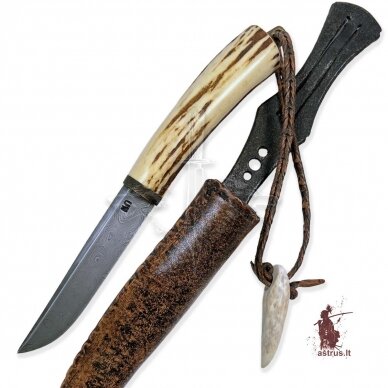 Knife "ANGIS-9"; damascus forged steel, elk horn, bronze