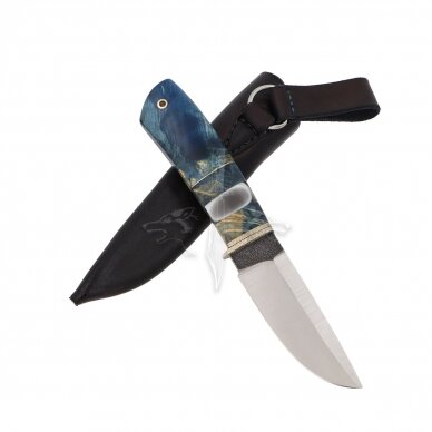 Hunting and Fishing Knife ‘Blue Hunter’ 1; N690 Böhler Uddeholm; Stabilized Karelian Birch; Titanium 2