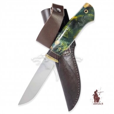 Unique knife "ОМах eXtra"[13] 95X18 stainless forged steel; maple burl stabilized +pigment(emerald), brass 3