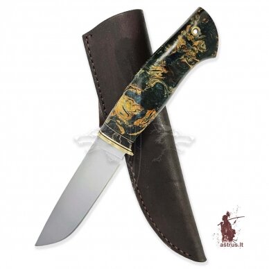 Handmade knife "ОМах eXtra"[16] 95X18 stainless forged steel; maple burl stabilized +pigment(azure dragon), brass 5