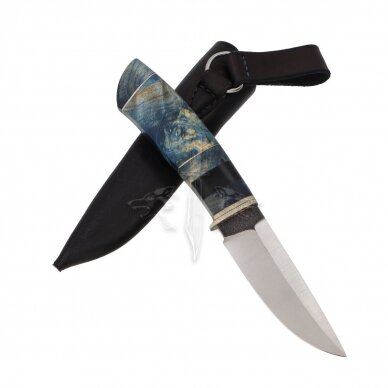 Hunting and Fishing Knife ‘Blue Hunter’ 2; N690 Böhler Uddeholm; Stabilized Karelian Birch; Titanium 3