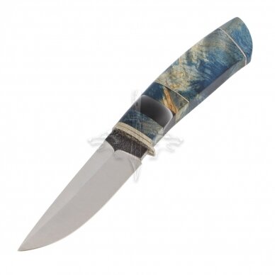 Hunting and Fishing Knife ‘Blue Hunter’ 2; N690 Böhler Uddeholm; Stabilized Karelian Birch; Titanium